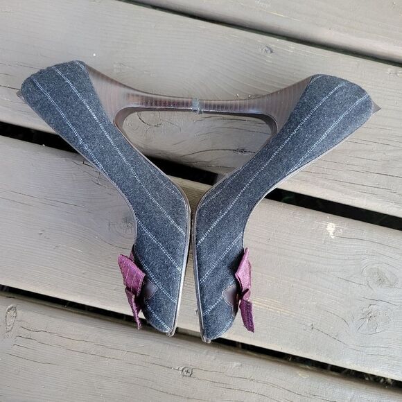 Vintage 90s y2k Floral Embroidered Pinstripe Bow Stiletto Lolita Girlie Heels - Picture 3 of 8